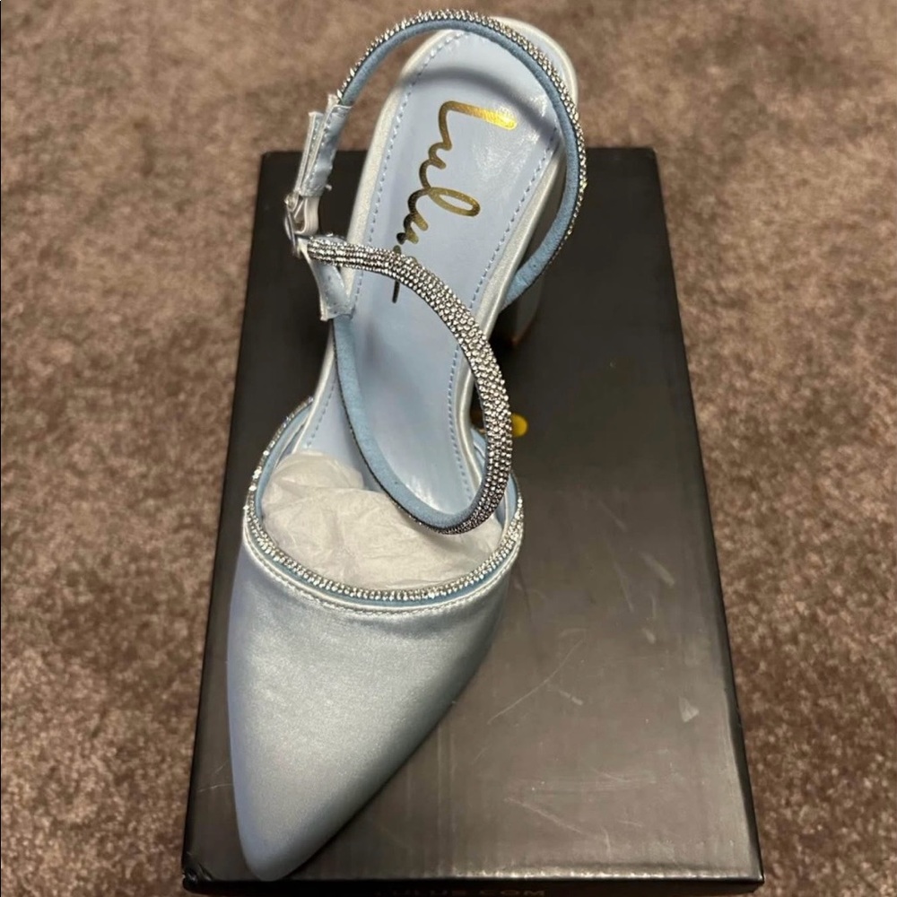 Lulu’s Heels- Chakay Sky Blue Satin Rhinestone Pointed-Toe Ankle-Strap Heel